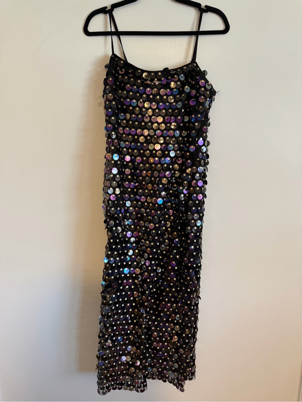 Black Sequin Slip Dress with Iridescent Discs